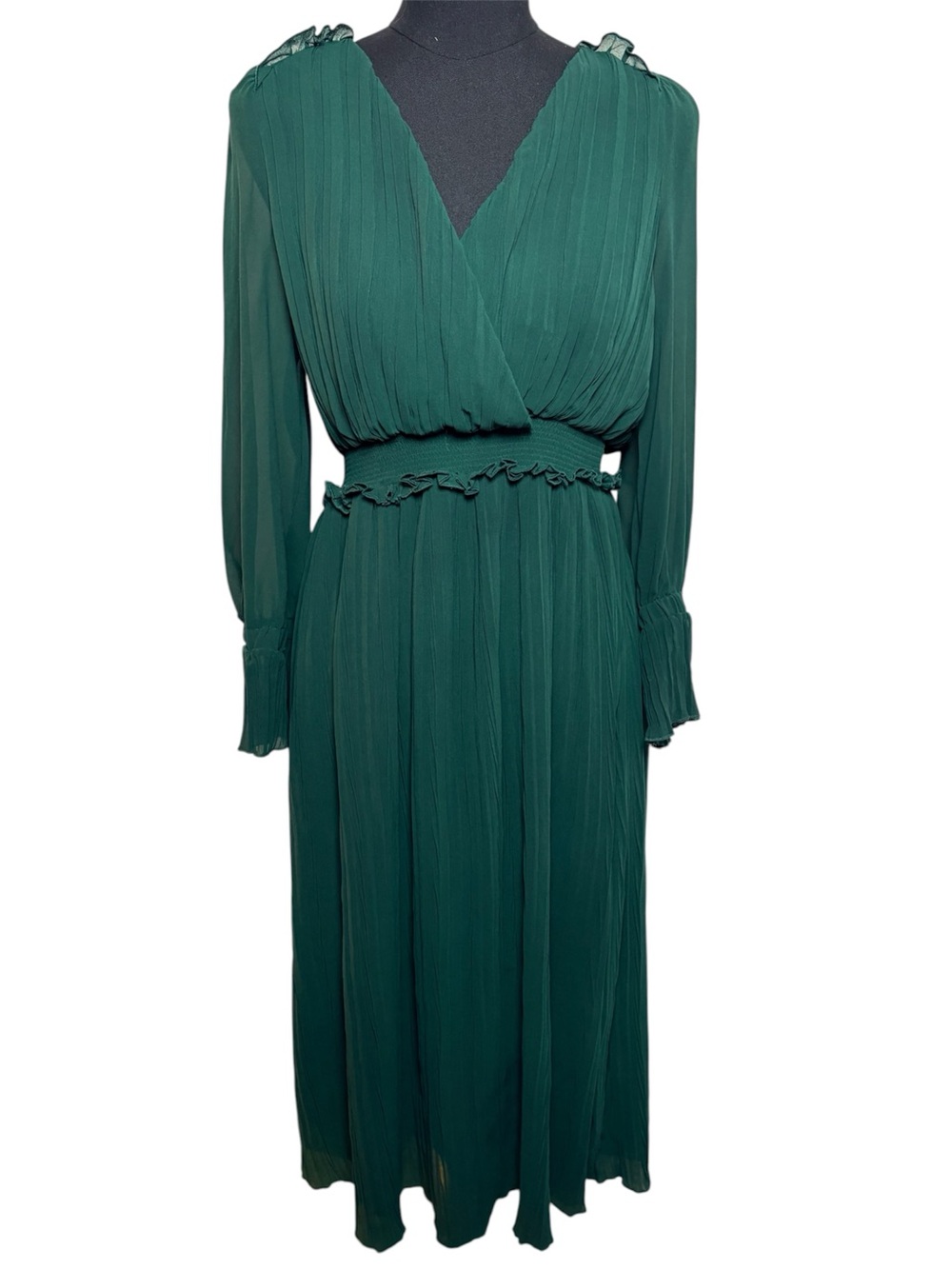 Zara Green Pleated Chiffon Midi Dress Large Smocked Waist V Neck‎
